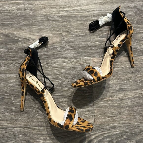 NEW LULUS Size 6 Aimee Suede Leopard Lace Up Heels Black Animal Print Strappy - Picture 2 of 11